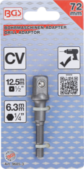 Adaptateur pour perceuses empreinte six pans male 6,3 mm (1/4) sur carre male 12,5 mm (1/2)