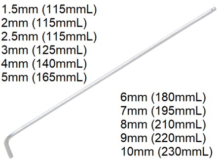 Hex Inner L-Type de cle, extra long 115 mm, 1,5 mm