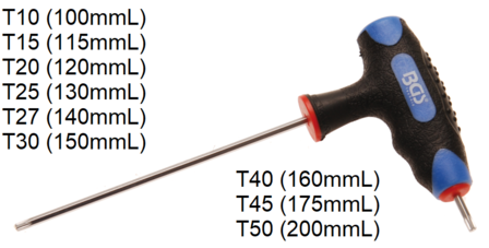 Tournevis avec poignee en T Profil T (pour Torx) T10 - T50