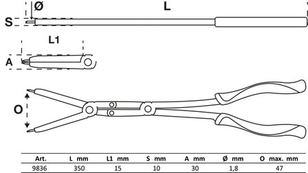 Jeu de pinces pour circlips a double articulation pointes echangeables 345mm