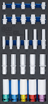 Douilles, six pans, longue 11 - 22 mm profil E, E10 - E22 6,3 mm (1/4) / 10 mm (3/8) / 12,5 mm (1/2) 26 pieces