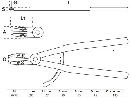 Pince pour circlips droite pour circlips int&eacute;rieurs 500 mm