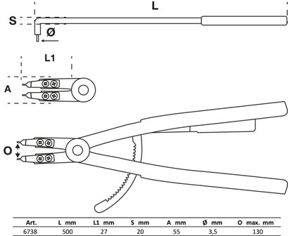 Pince pour circlips coud&eacute;e pour circlips int&eacute;rieurs 500 mm