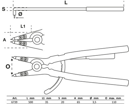 Pince pour circlips coud&eacute;e pour circlips ext&eacute;rieurs 500 mm