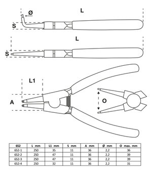 Jeu de pinces circlips 250 mm 4 pieces