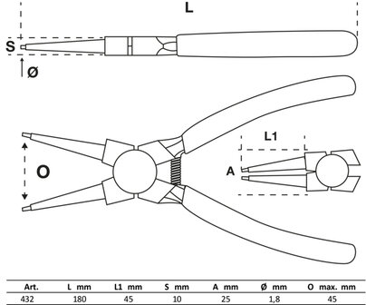 Pince a circlips droite pour circlips interieurs 180 mm