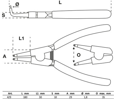 Pince a circlips courbee pour circlips interieurs 180 mm