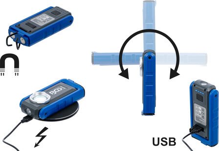 Lampe d&rsquo;atelier COB-LED avec aimant et crochet repliable avec fonction de charge par induction