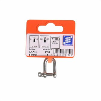 Fermoir en D court 4mm, A4 acier inoxydable AISI 316 750 daN
