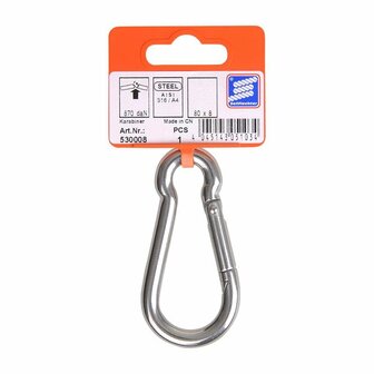 Mousqueton 80x8mm, acier inoxydable A4 AISI 316, 870 daN