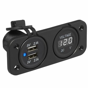 Kit d&#039;encastrement : voltmetre 6-30V + port USB double type A 2x2100mA sous blister