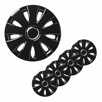 Jeu d&#039;enjoliveurs de roue Aura noir 15 pouces 4 pieces dans une bo&icirc;te de presentation