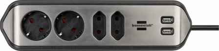 Prolongateur multiprise&nbsp;estilo&nbsp;avec fonction de charge USB 4 voies 2x contact de la terre &amp; 2x Euro&nbsp;argent noir