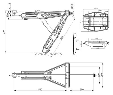 Bequille d&rsquo;angle caravane 1000 kg 605 x 280 mm H : 470 mm avec pied de stabilisation et mecanisme de vissage prolonge