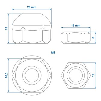 Ecrou spherique et contre-ecrou M8 en 2 parties pour cable de frein