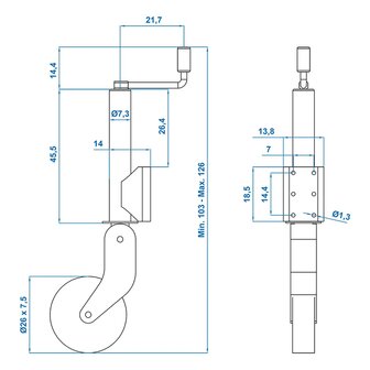 Roue jockey 73 mm jante metal avec bandage caoutchouc 260 x 65 mm repliable