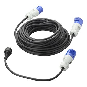 Ensemble CEE avec rallonge de 20 m 3x2,5 mm et adaptateur 40 cm de prise Schuko vers CEE dans sac de rangement