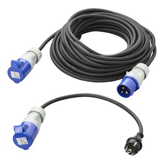 Ensemble CEE avec rallonge de 20 m 3x1,5 mm et adaptateur de 40 cm de prise Schuko vers CEE dans sac de rangement