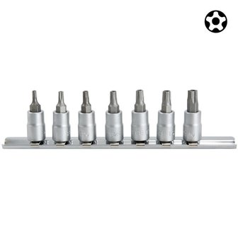 Jeu de 7 douilles tournevis Torx TS 5-pans perces 1/4