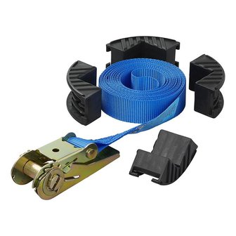 Sangle d&#039;arrimage bleu avec tendeur cliquet et protecteurs de bord 5 metres