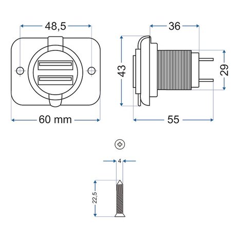 Boîtier d'encastrement USB double type A 3100mA 12V/24V