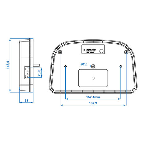 Feu arriere 6 fonctions 240x150mm LED droit