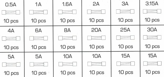 Sterling Assortiment de fusibles en verre a action rapide 0,5A- 15A 180 pieces