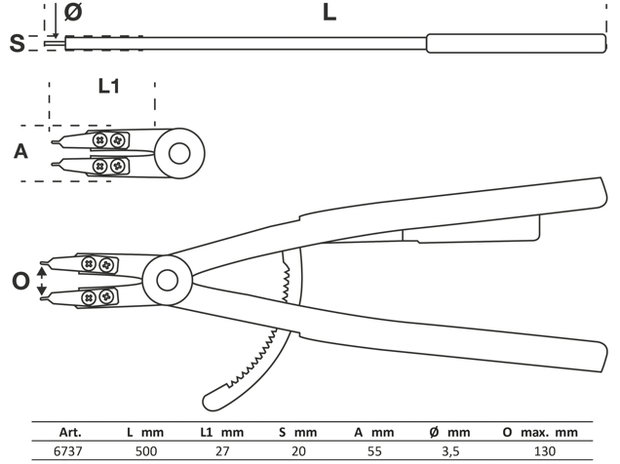 Pince pour circlips droite pour circlips intérieurs 500 mm