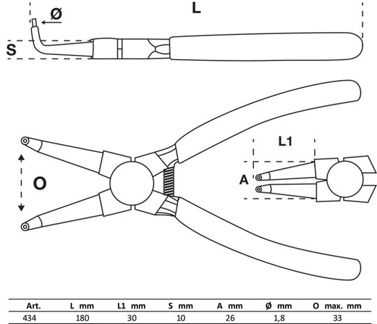 Pince a circlips courbee pour circlips exterieurs 180 mm