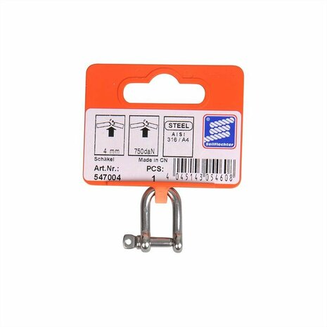 Fermoir en D court 4mm, A4 acier inoxydable AISI 316 750 daN