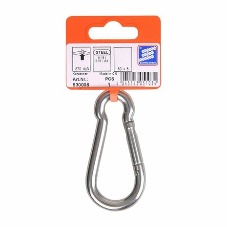 Mousqueton 80x8mm, acier inoxydable A4 AISI 316, 870 daN
