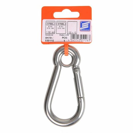 Mousqueton 100x10mm, avec illet ferme, acier inoxydable A4 AISI 316, 1 150 daN
