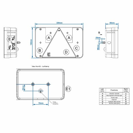 Feu arriere 6 fonctions 218x140mm gauche sous blister