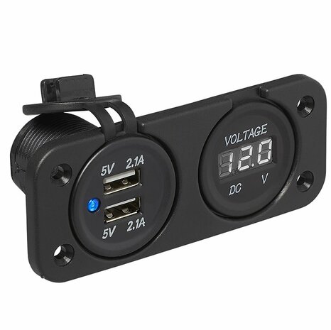 Kit d'encastrement : voltmetre 6-30V + port USB double type A 2x2100mA sous blister