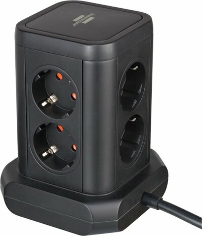 Tour de prises 8x avec 2x USB A, 1x USB C Power Delivery noir 2m H05VV-F3G1.5