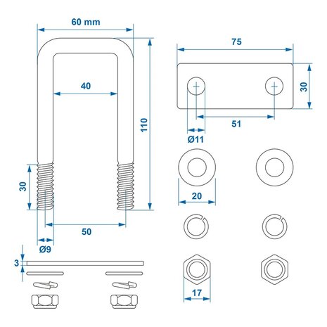Support en U angulaire 40 mm - lot de 2 pieces