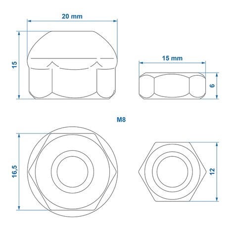 Ecrou spherique et contre-ecrou M8 en 2 parties pour cable de frein
