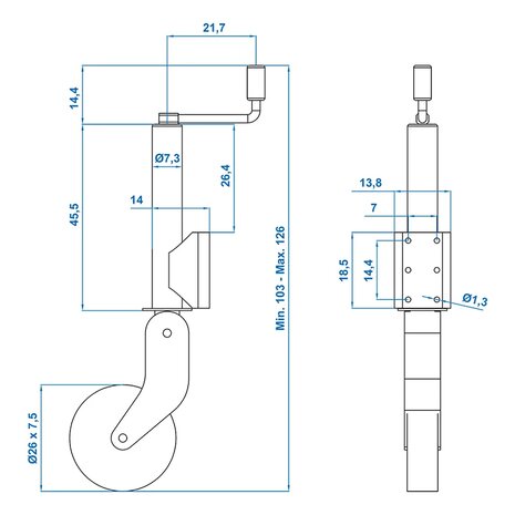 Roue jockey 73 mm jante metal avec bandage caoutchouc 260 x 65 mm repliable