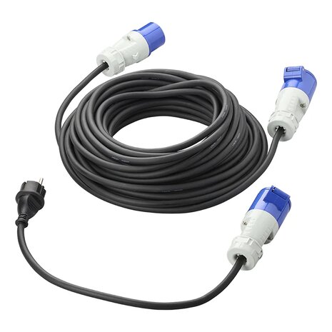 Ensemble CEE avec rallonge de 20 m 3x2,5 mm et adaptateur 40 cm de prise Schuko vers CEE dans sac de rangement