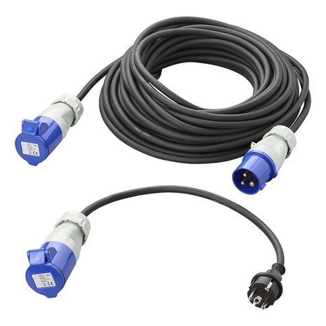 Ensemble CEE avec rallonge de 20 m 3x1,5 mm et adaptateur de 40 cm de prise Schuko vers CEE dans sac de rangement