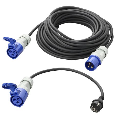 Ensemble CEE avec rallonge de 20 m 3x1,5 mm et adaptateur de 40 cm de prise Schuko vers CEE dans sac de rangement