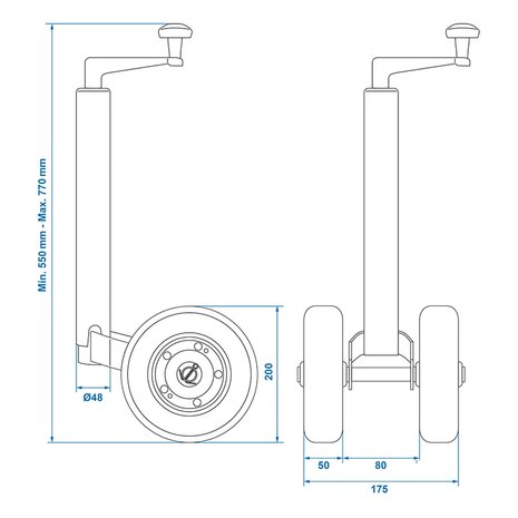 Roue jockey double 48 mm avec pneus pleins en caoutchouc naturel 200 x 50 mm