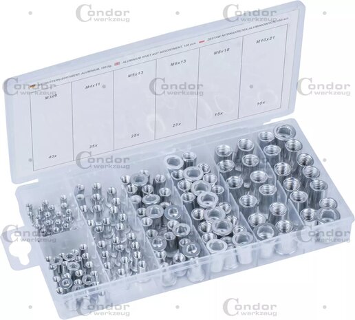 Assortiment d&rsquo;ecrous a sertir en aluminium 150 pieces