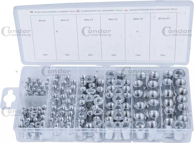 Assortiment d&rsquo;ecrous a sertir en aluminium 150 pieces