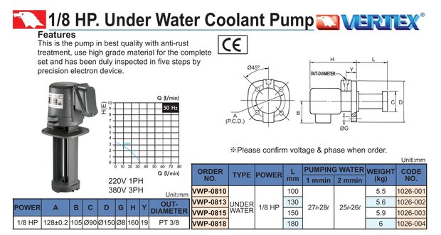 Pompe de refroidissement submersible 130 mm 1/8 HP