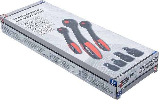Jeu d&rsquo;adaptateurs et cliquet reversible a denture fine empreinte carre male (1/4) - (3/8) - (1/2) 7 pcs