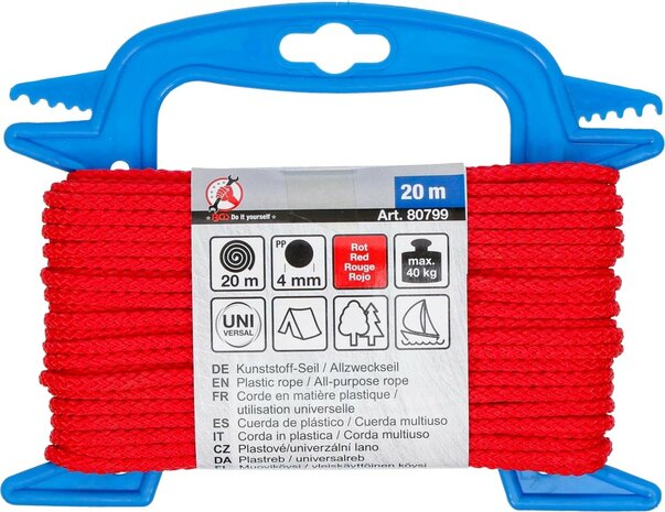 Corde en matiere plastique / utilisation universelle 4 mm x 20 m rouge