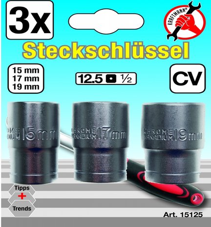 Jeu de douilles 12,5 mm (1/2) 15 - 17 - 19 mm 3 pieces