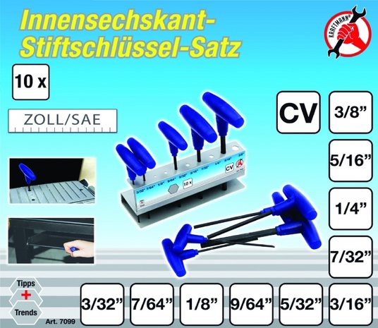 Ensemble de cles tige hexagonale hexagonale de 10 pieces, 3 / 32-3 / 8