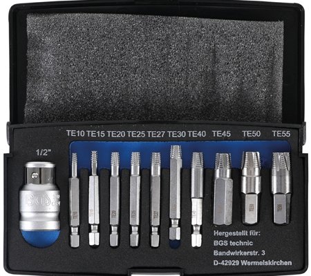Jeu d'extracteurs de vis pour profil T defectueux (pour Torx) T10 - T55 11 pieces